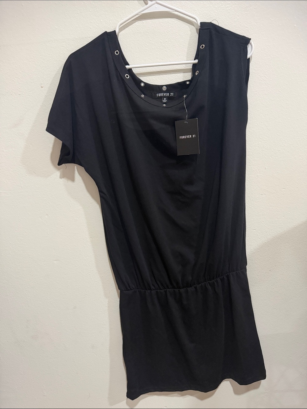 Forever 21 Black Short-Sleeve Cinched-Waist Mini Dress